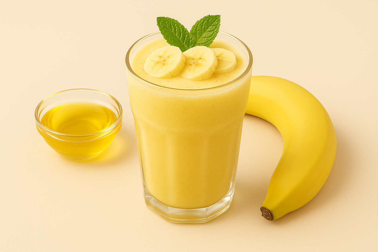 A close-up of transparent zero-calorie banana syrup in a clear glass bowl on a neutral background, showing its glossy golden-yellow hue and smooth texture.