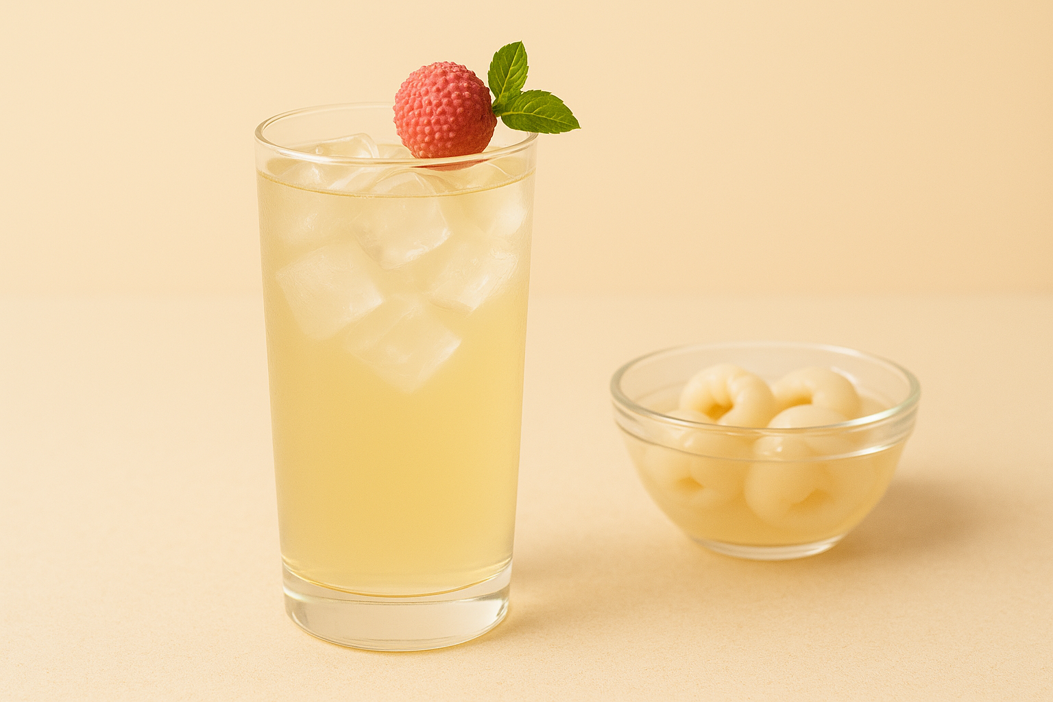 A close-up of clear zero-calorie lychee syrup in a glass bowl on a neutral background, showing its light, glossy texture and natural hue.