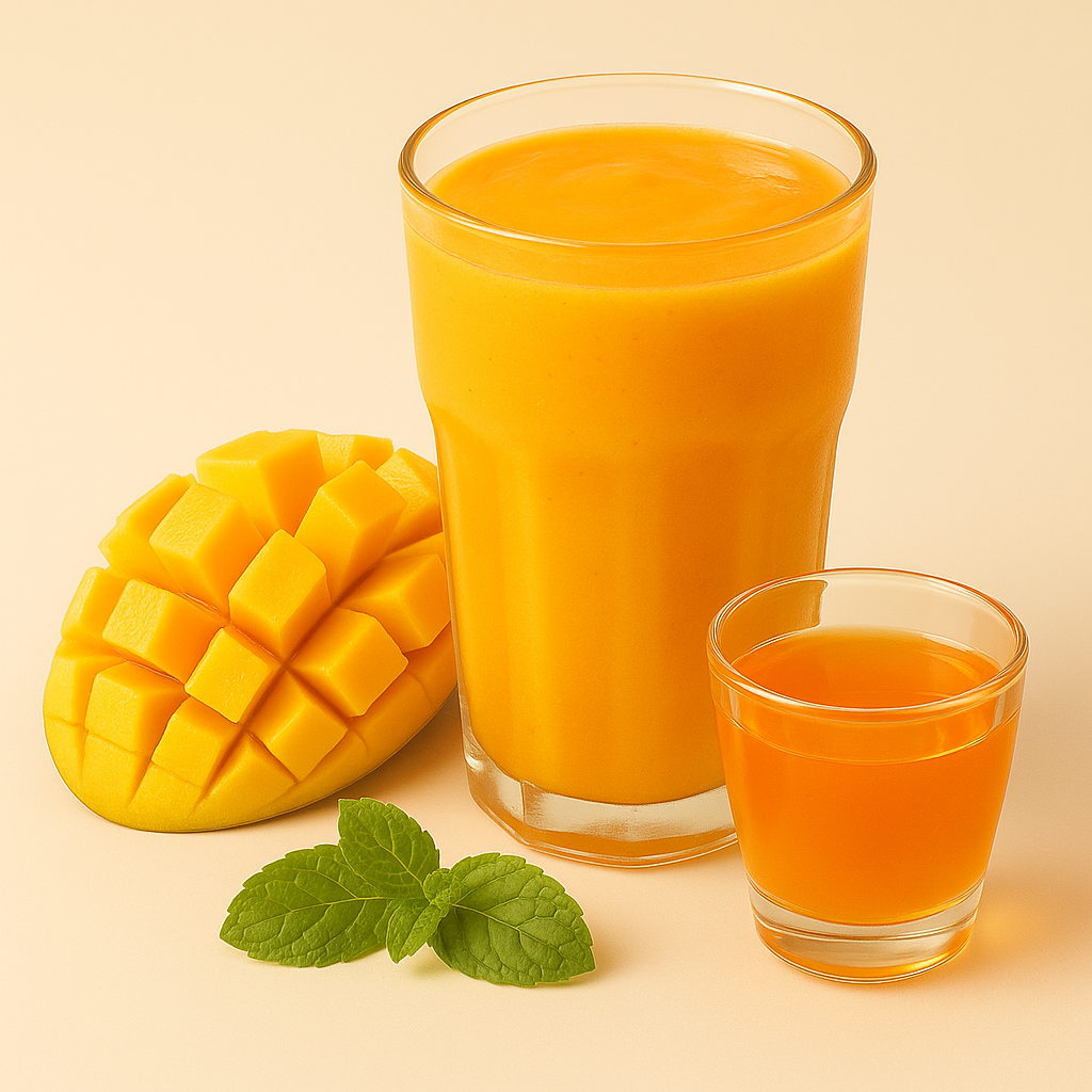 A close-up of transparent zero-calorie mango syrup in a glass bowl on a neutral background, showing its golden hue and glossy texture.