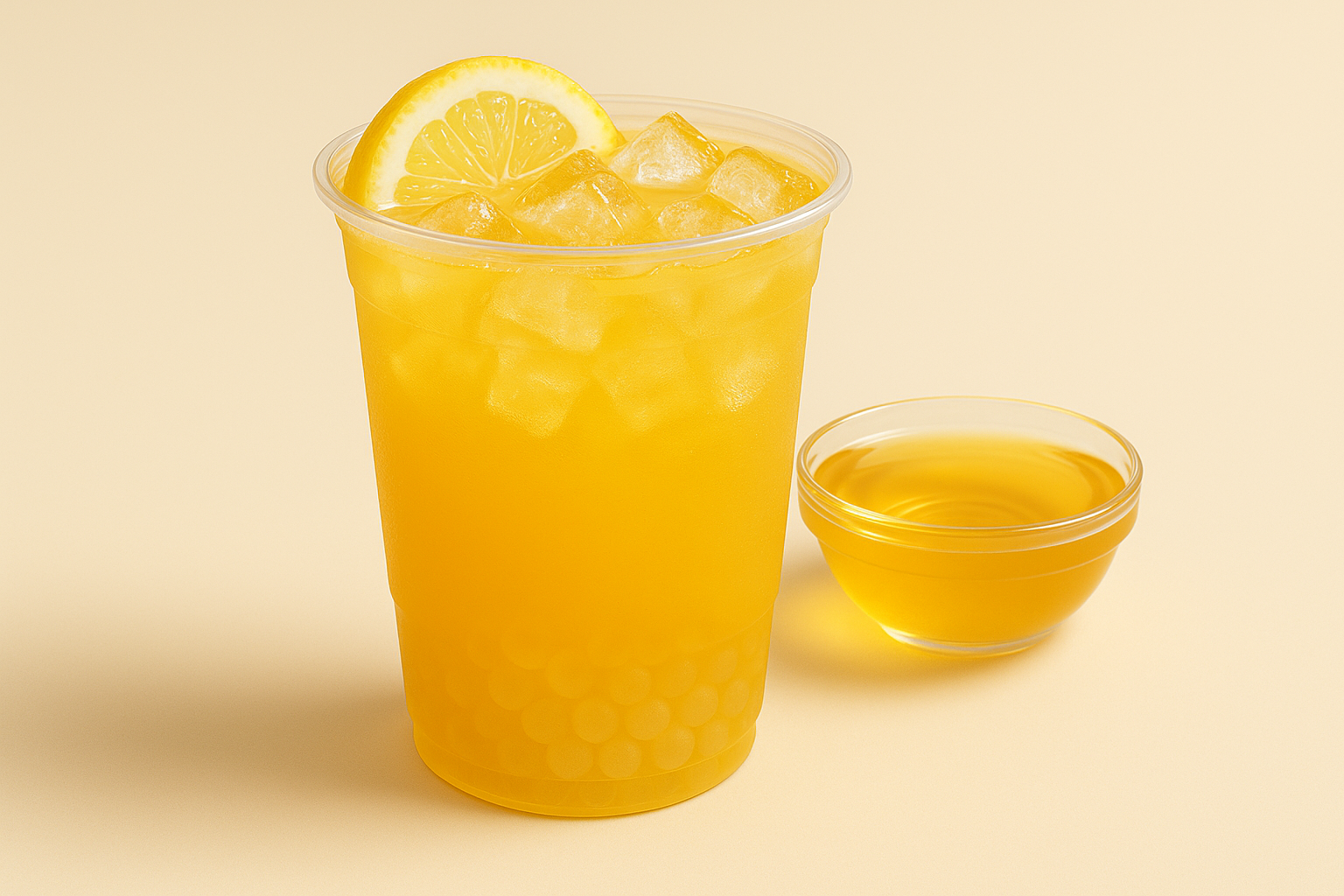 A close-up of transparent zero-calorie passion fruit syrup in a clear glass bowl on a neutral background, showing its golden-yellow hue and smooth, glossy texture.