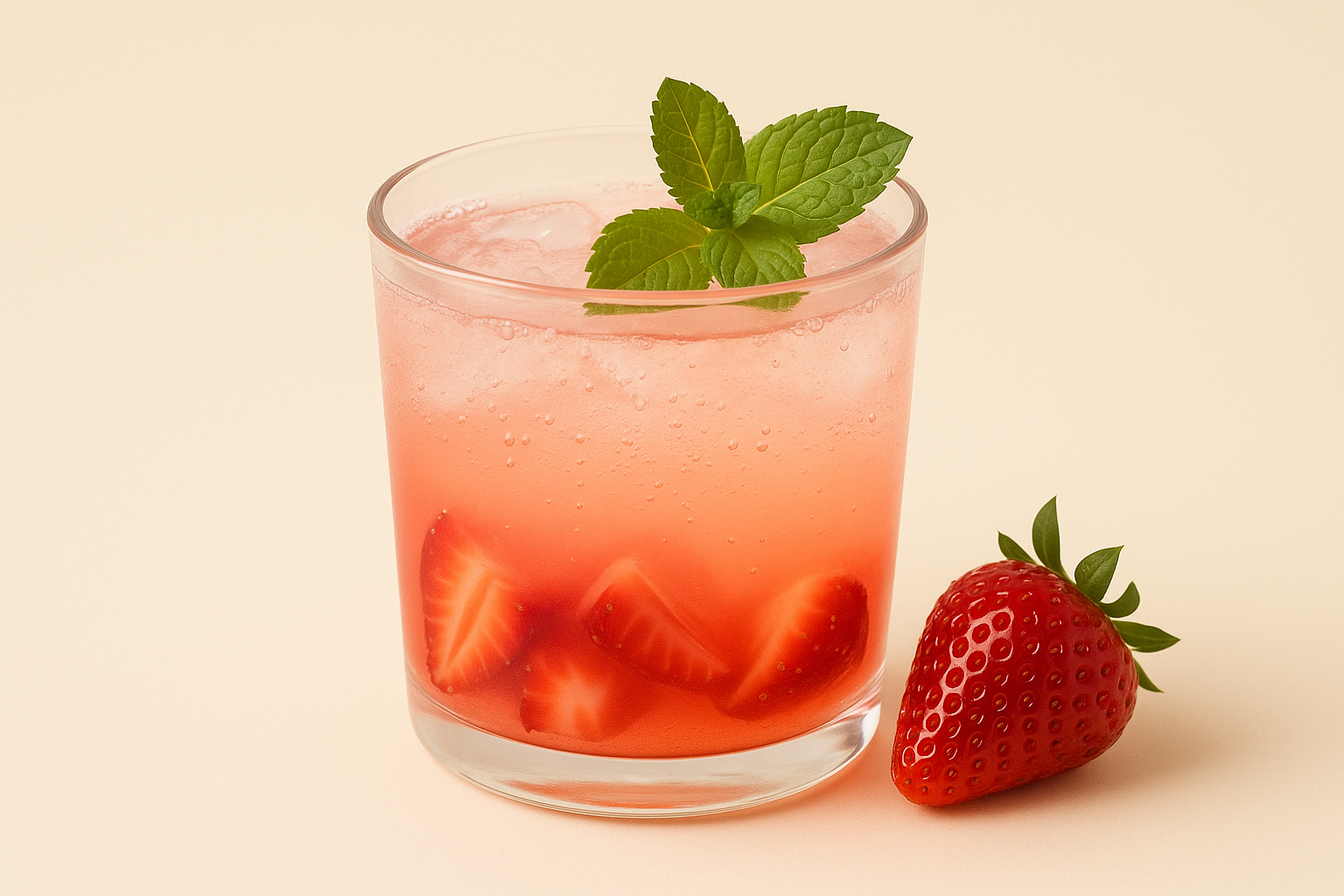 A close-up of clear zero-calorie strawberry syrup in a glass bowl on a neutral background, showing its glossy, light pink appearance and smooth texture.