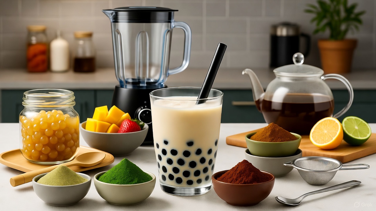 bubble-tea-ingredients-preparation-matcha-fruit-powder-tapioca-pearls